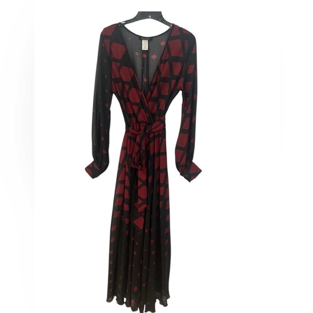 Sexy Diva black, geometric pattern red diamonds in square formations maxi dress